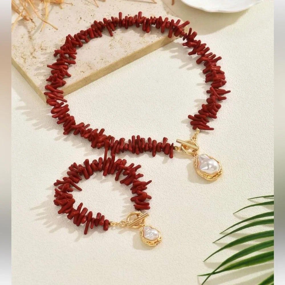 New Red Coral and Gold Faux Pearl Necklace and Bracelet Set - Picture 2 of 15